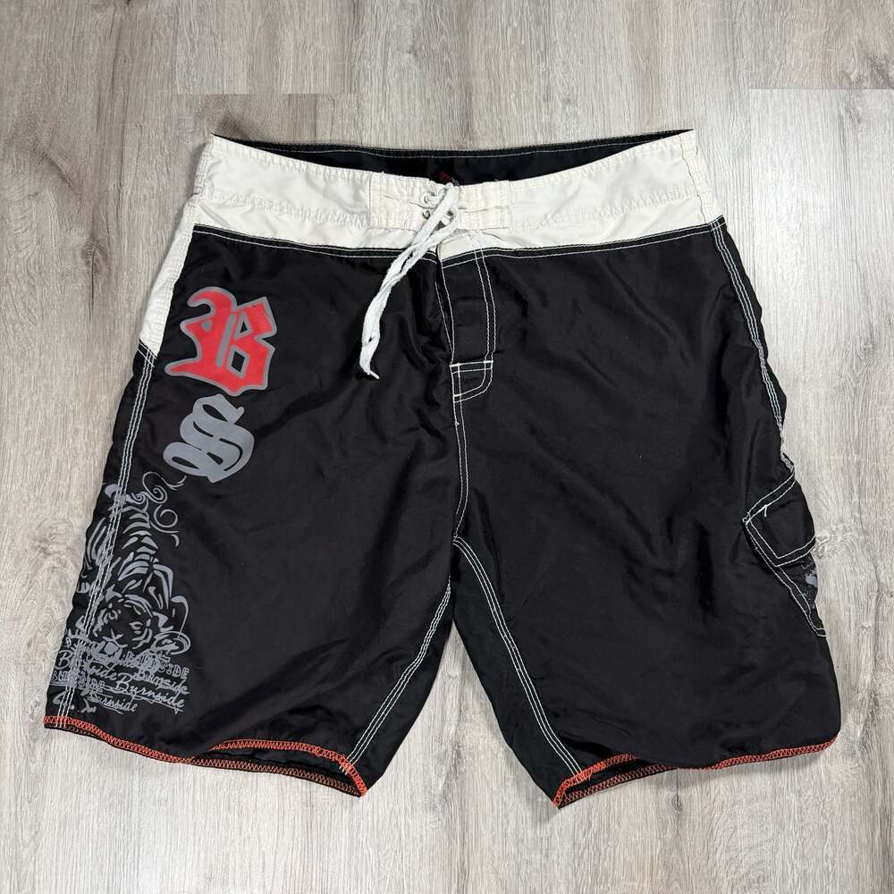 Y2K Grunge Surf Burnside Men's Black Graphic Board Shorts Size 38